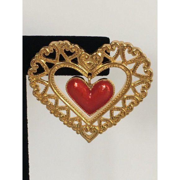 Avon Heart Lapel Pin Valentines Day Dangling Red Enamel Vintage Jewelry 1990s - Picture 3 of 7